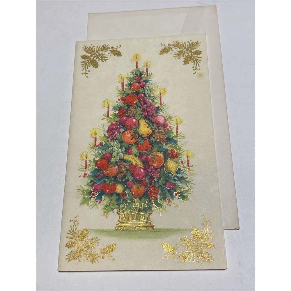 Vintage Christmas Card Holiday Tree Candles Fruit Pears Apple Orange  4”x6.75”